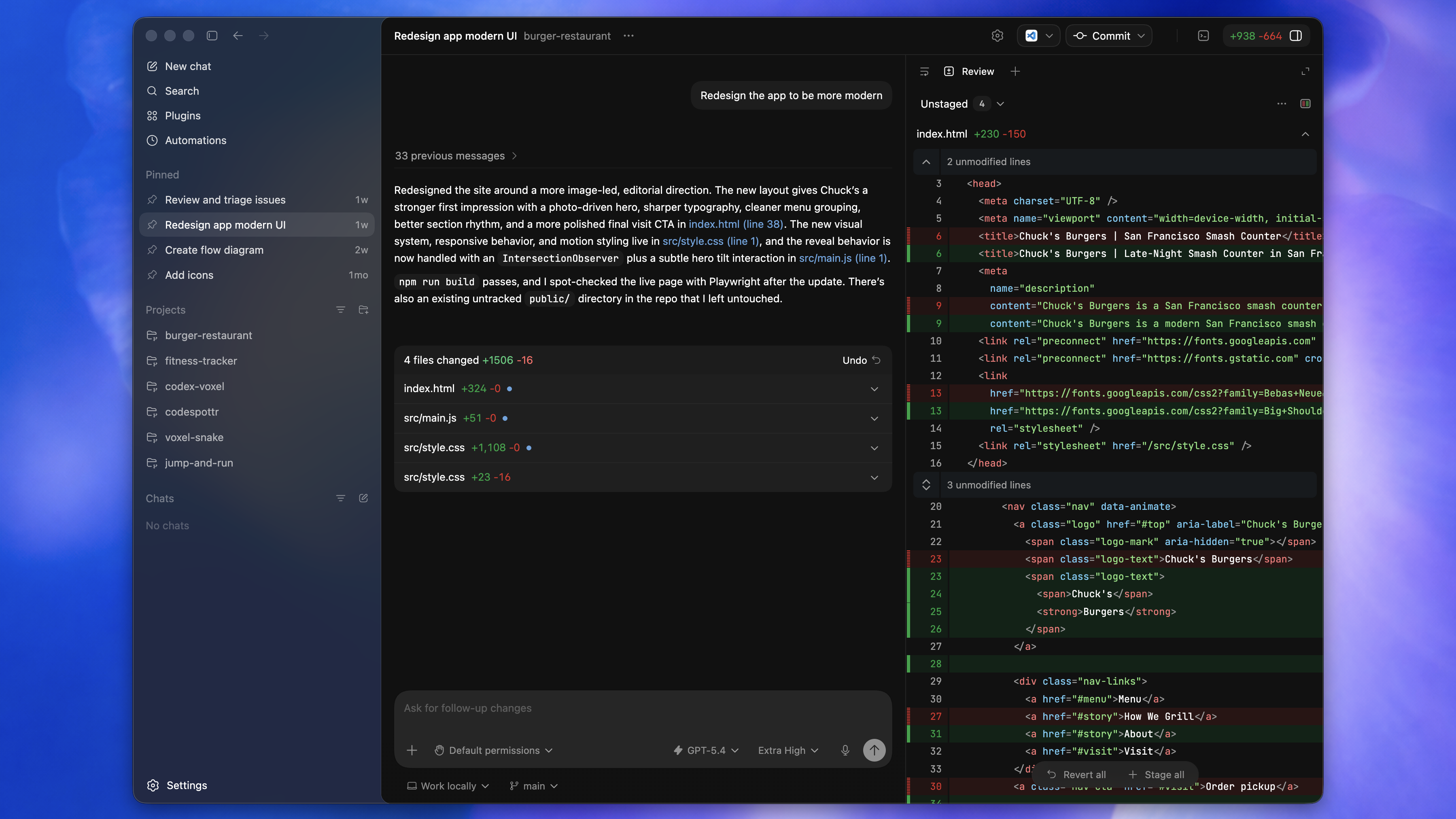 Codex app window with a project sidebar, active thread, and review pane
