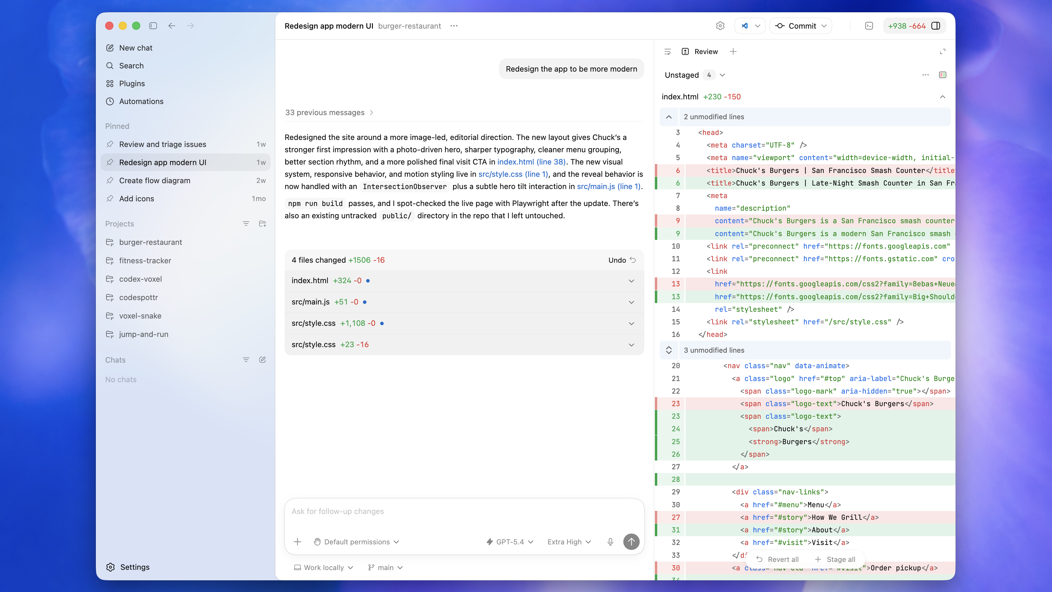 Codex app window with a project sidebar, active thread, and review pane