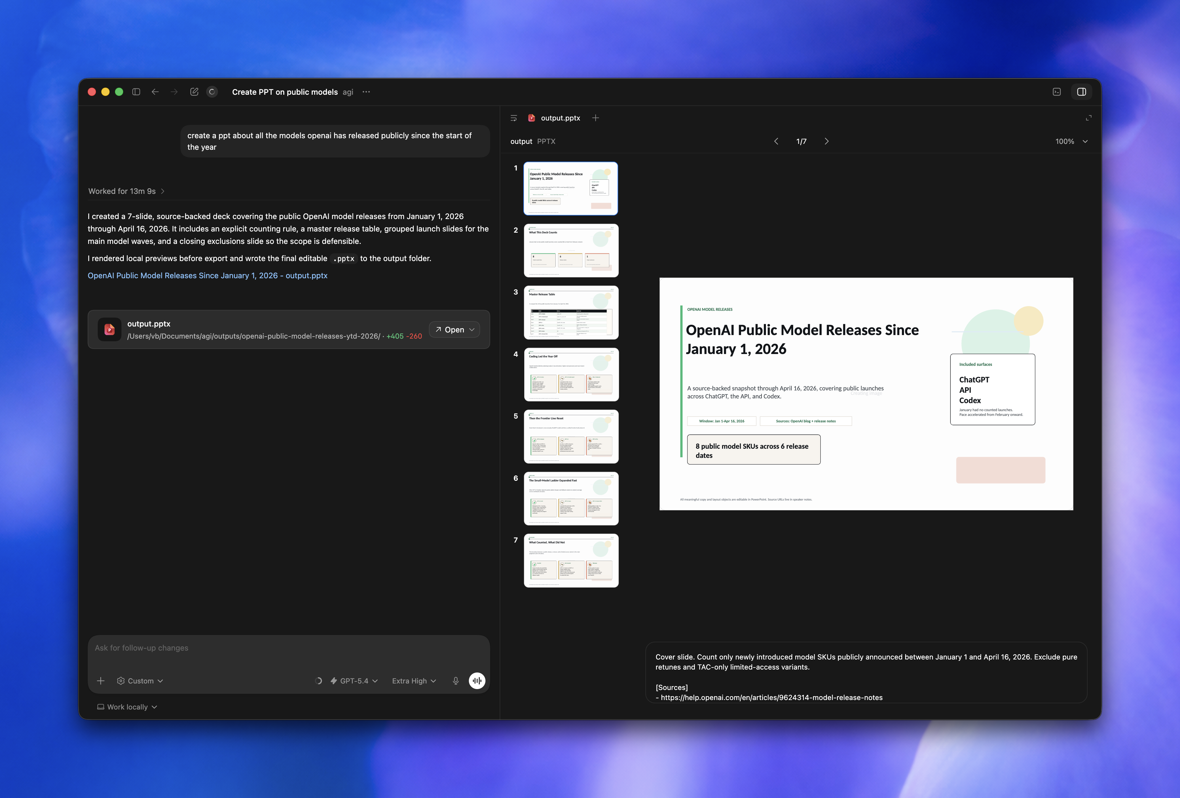 Codex app showing a generated presentation in the artifact viewer