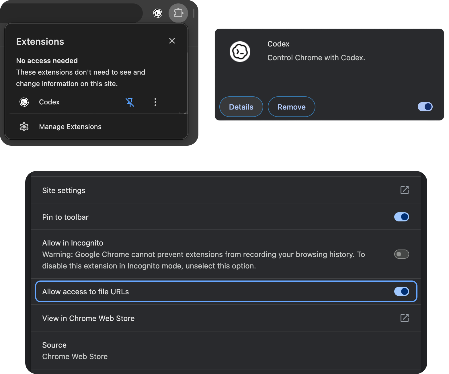 Chrome extension settings showing Allow access to file URLs enabled for Codex