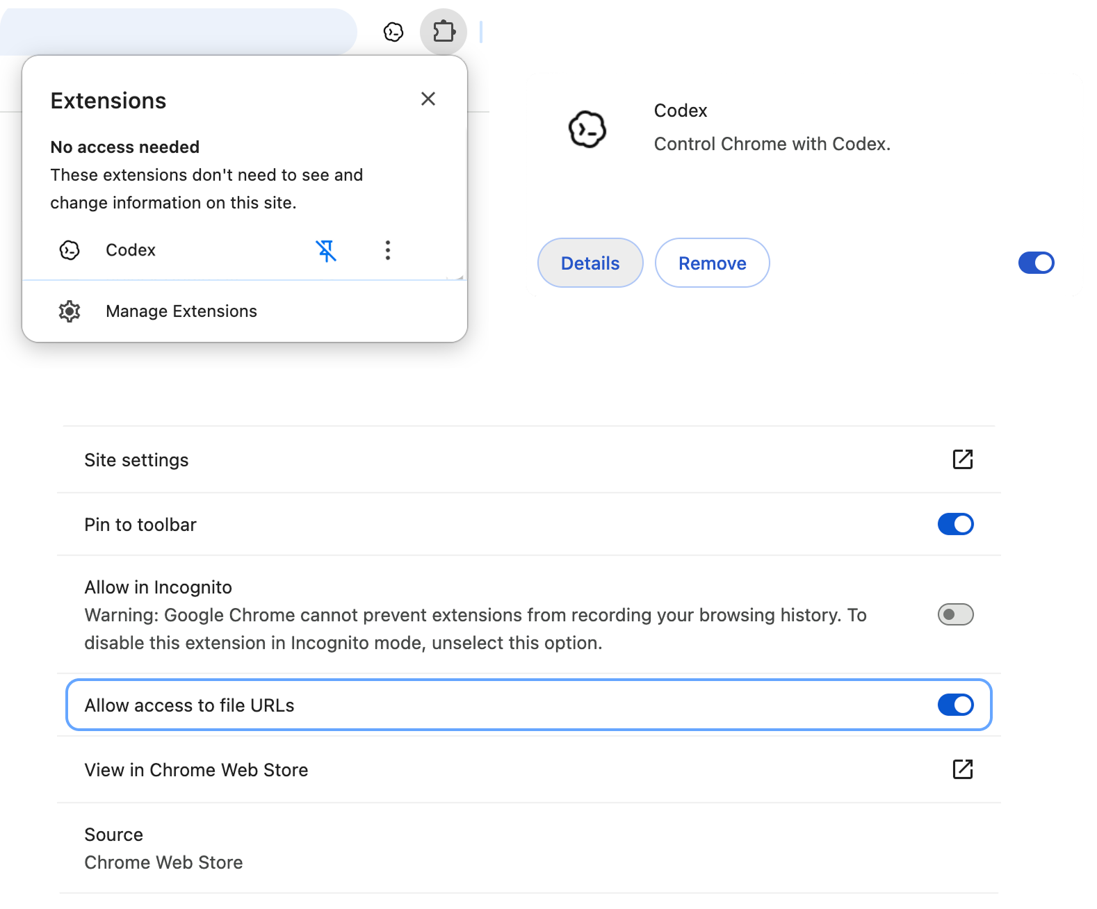 Chrome extension settings showing Allow access to file URLs enabled for Codex