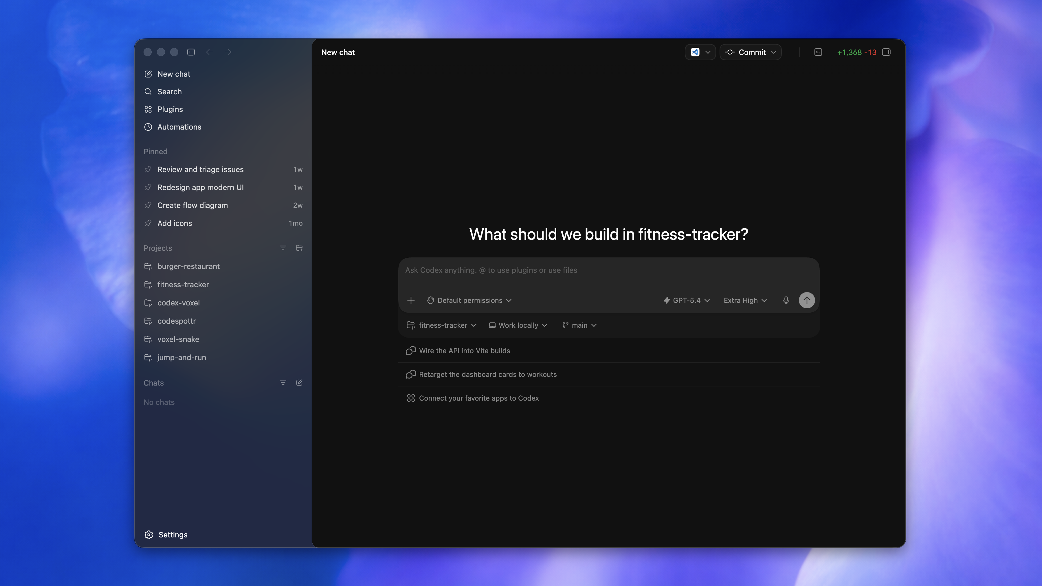 Codex app showing a project sidebar, thread list, and review pane