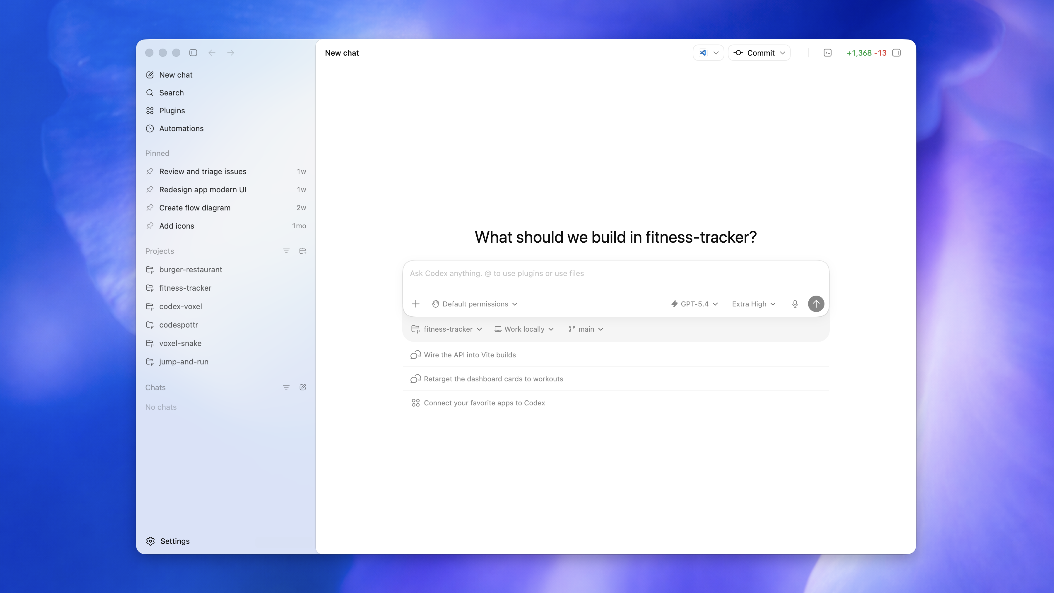 Codex app showing a project sidebar, thread list, and review pane