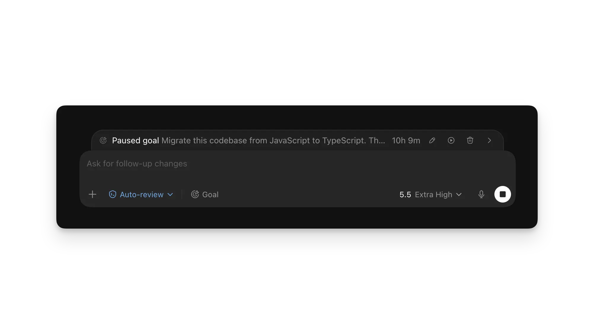 Codex app goal progress controls above the composer