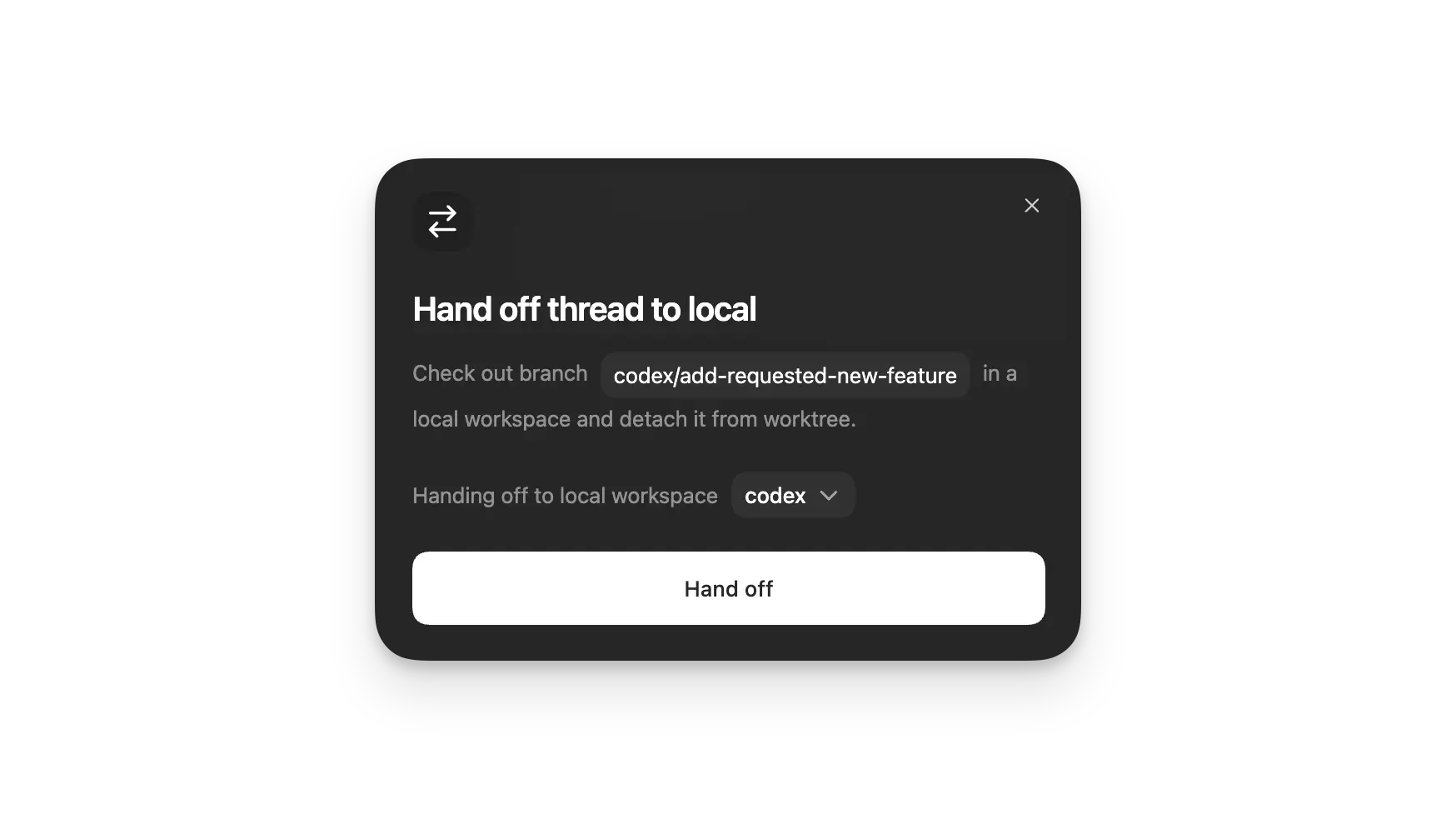 Handoff dialog moving a thread from a worktree to Local