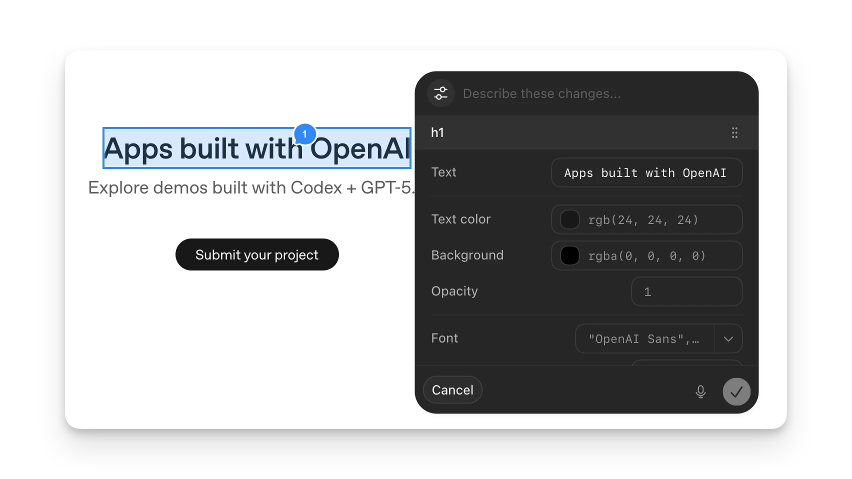 Codex app showing in-app browser annotation style controls