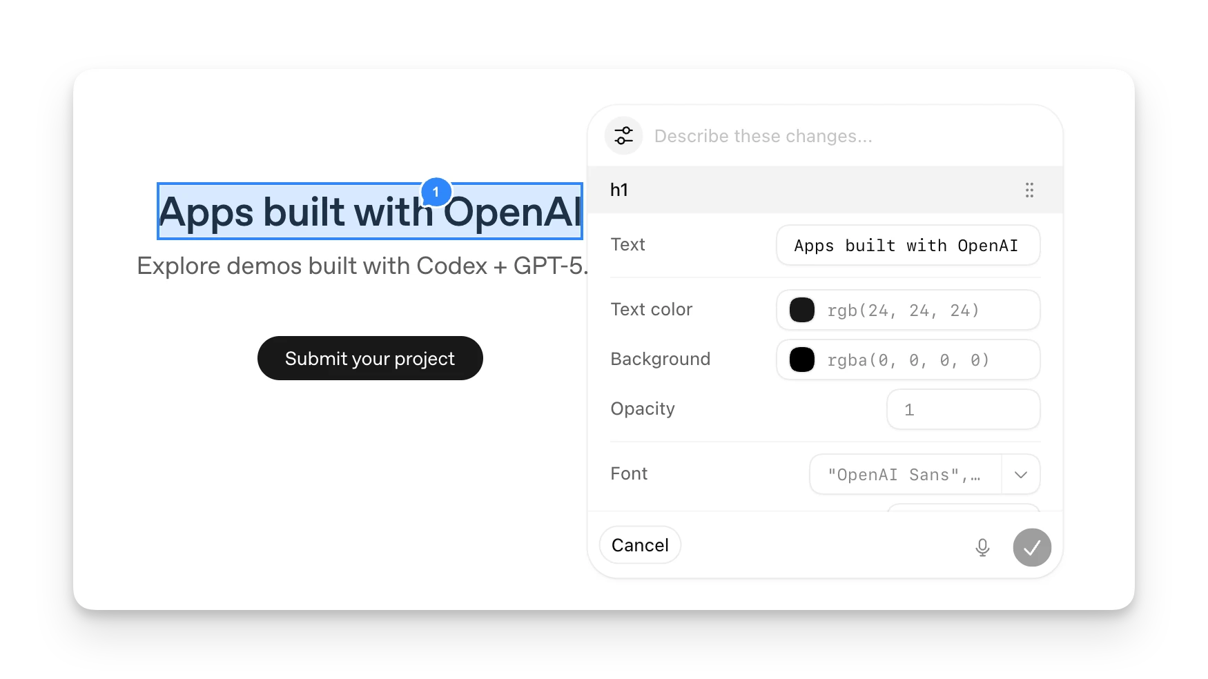 Codex app showing in-app browser annotation style controls