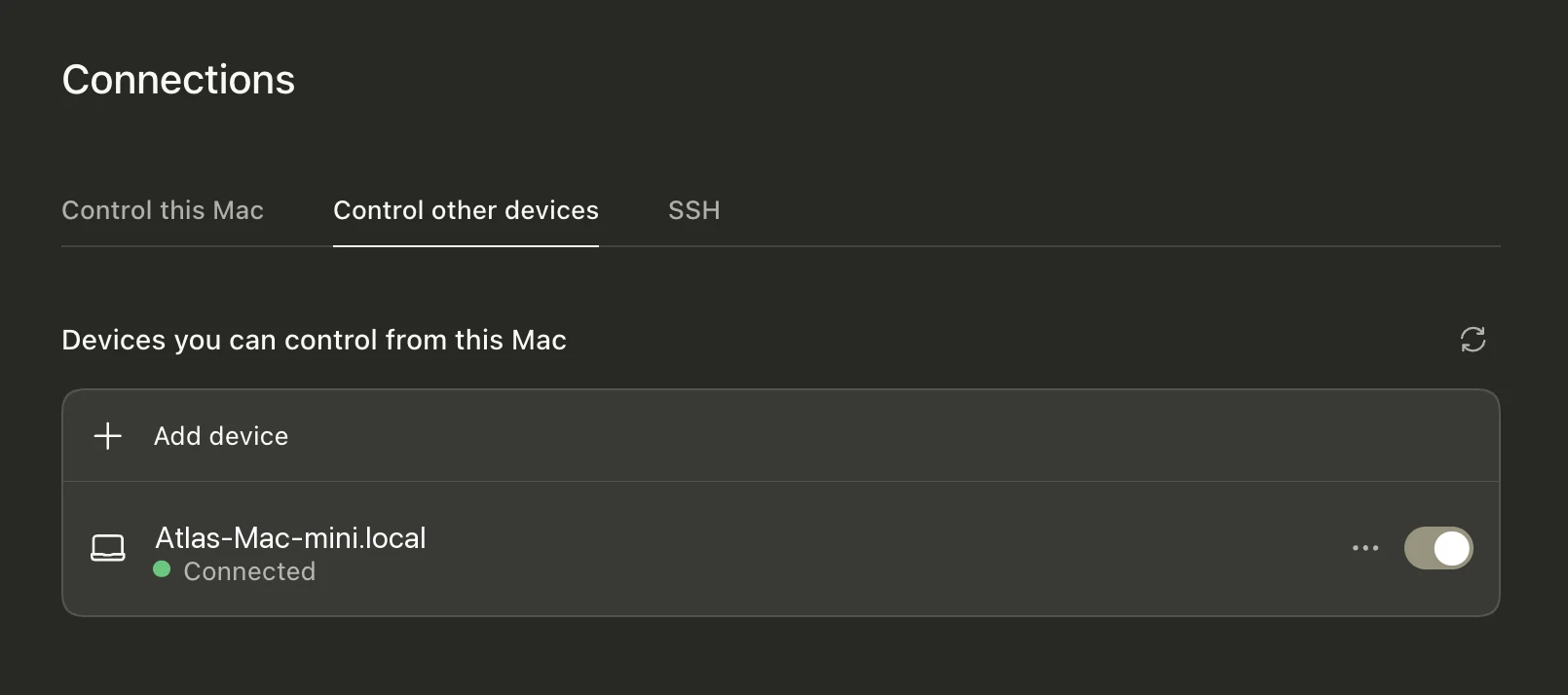 Connections settings showing another device available under Control other devices