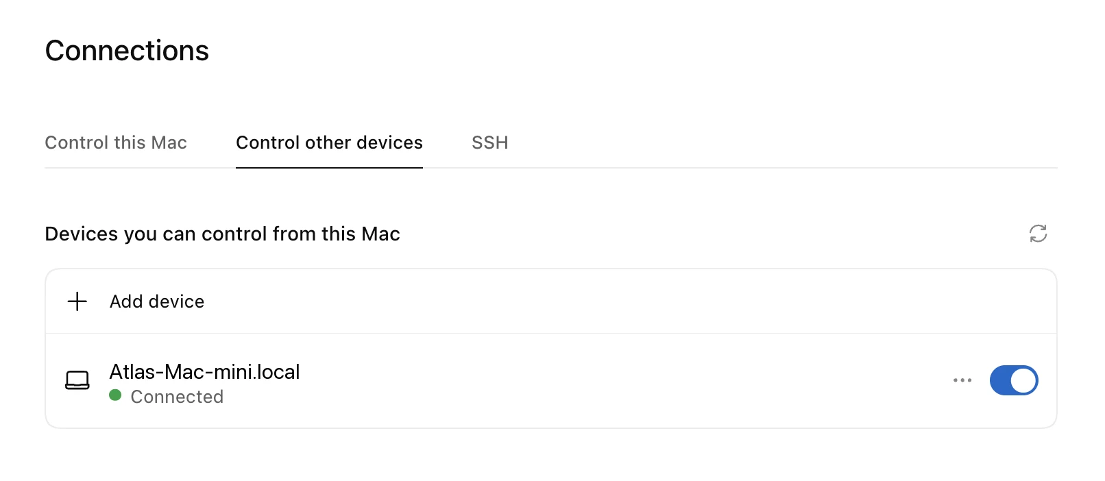 Connections settings showing another device available under Control other devices