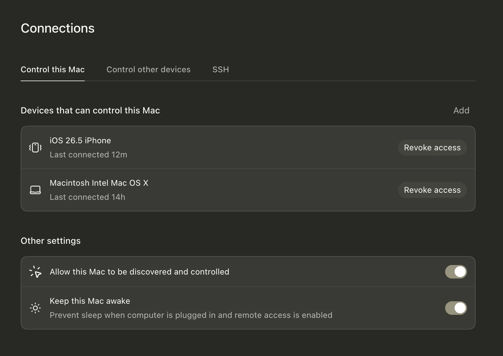 Connections settings showing devices that can control this Mac and remote access settings