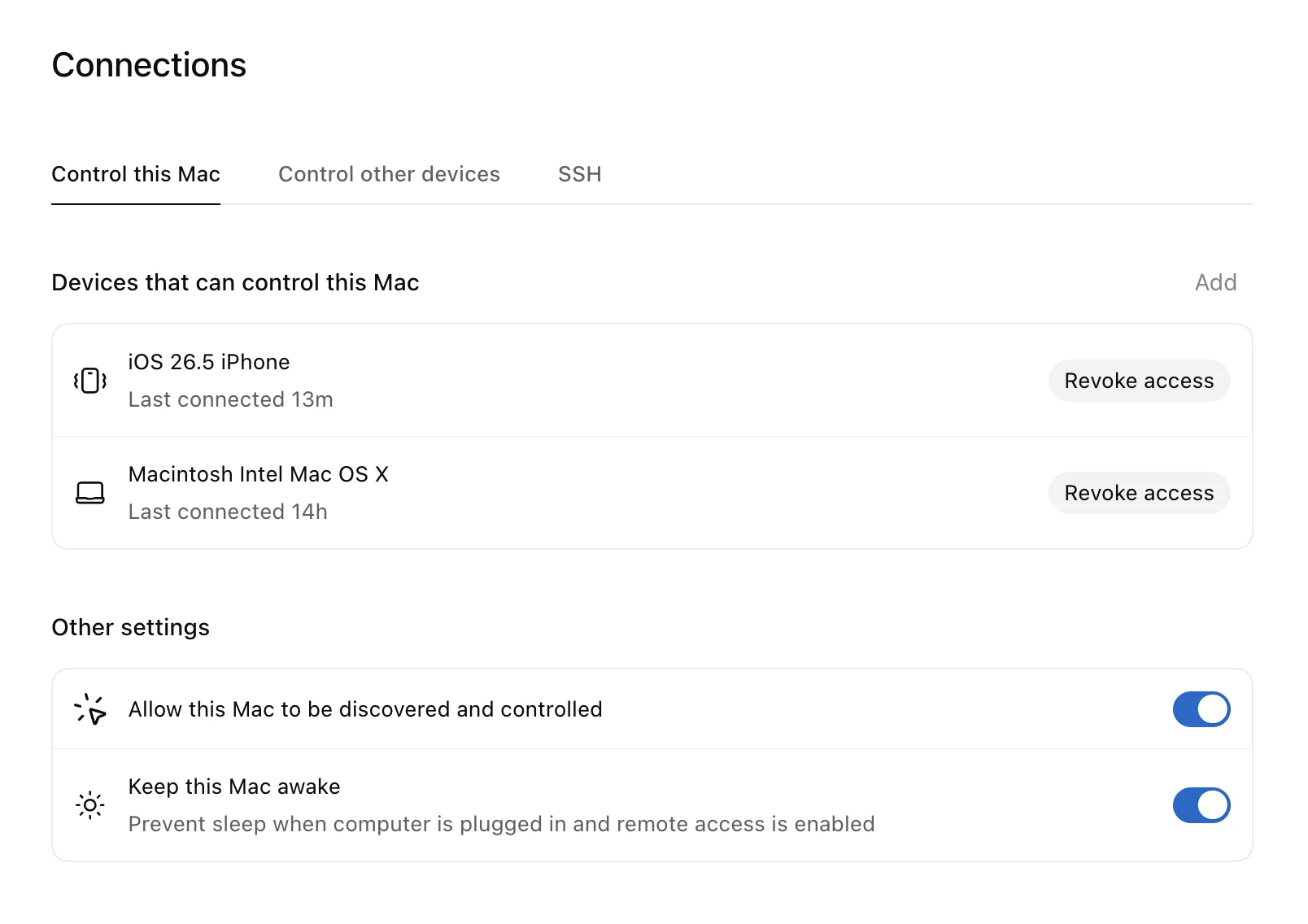 Connections settings showing devices that can control this Mac and remote access settings