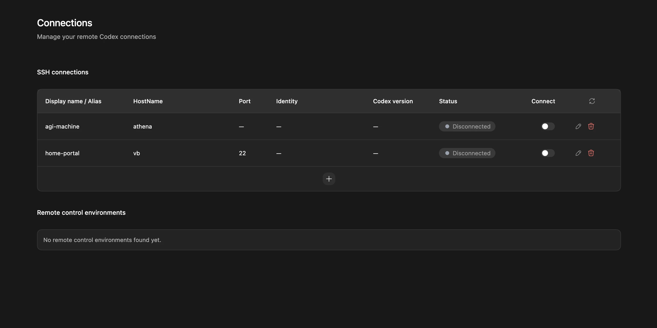 Codex app settings showing SSH remote connections