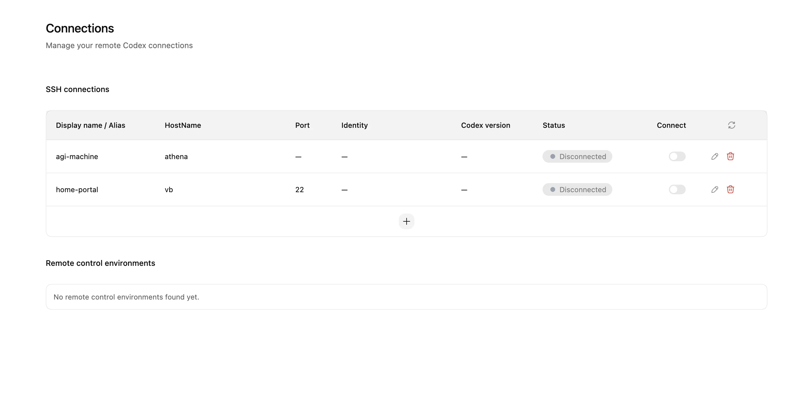 Codex app settings showing SSH remote connections