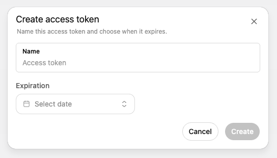 Create access token modal with fields for name and expiration