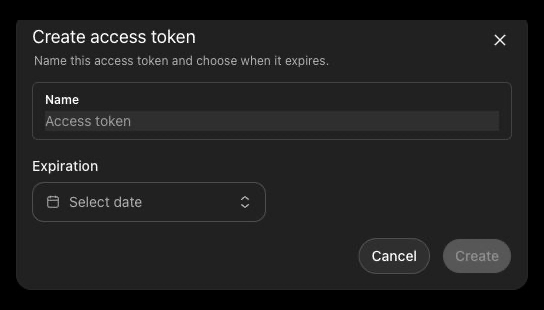 Create access token modal with fields for name and expiration