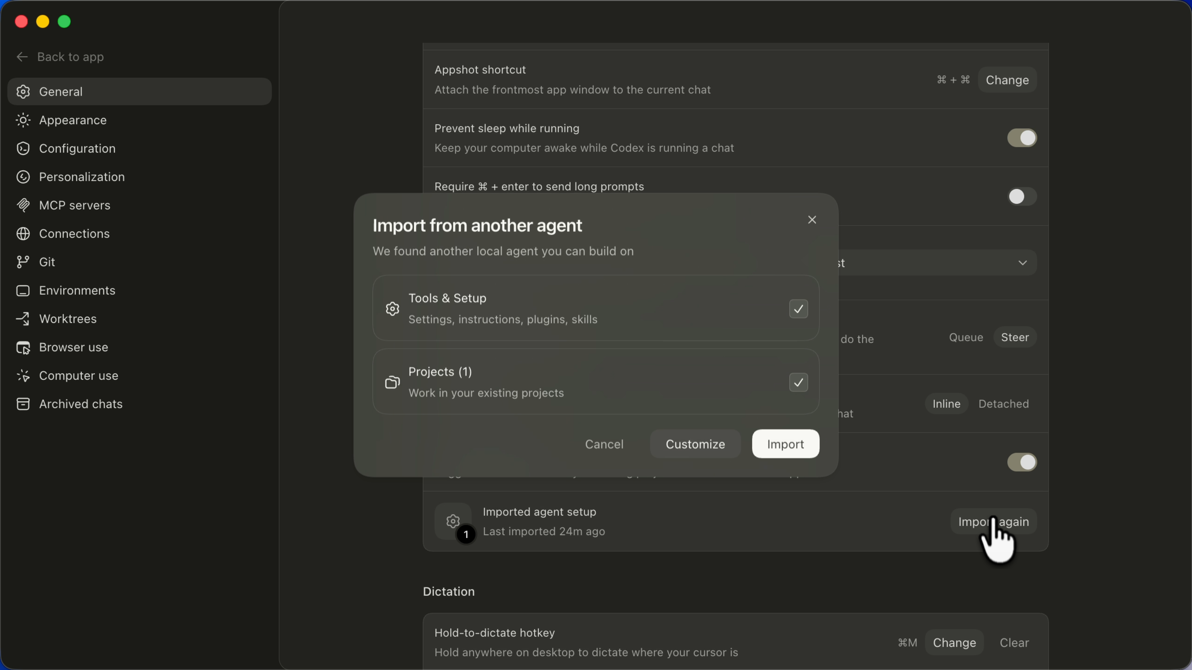 Import from another agent in General settings