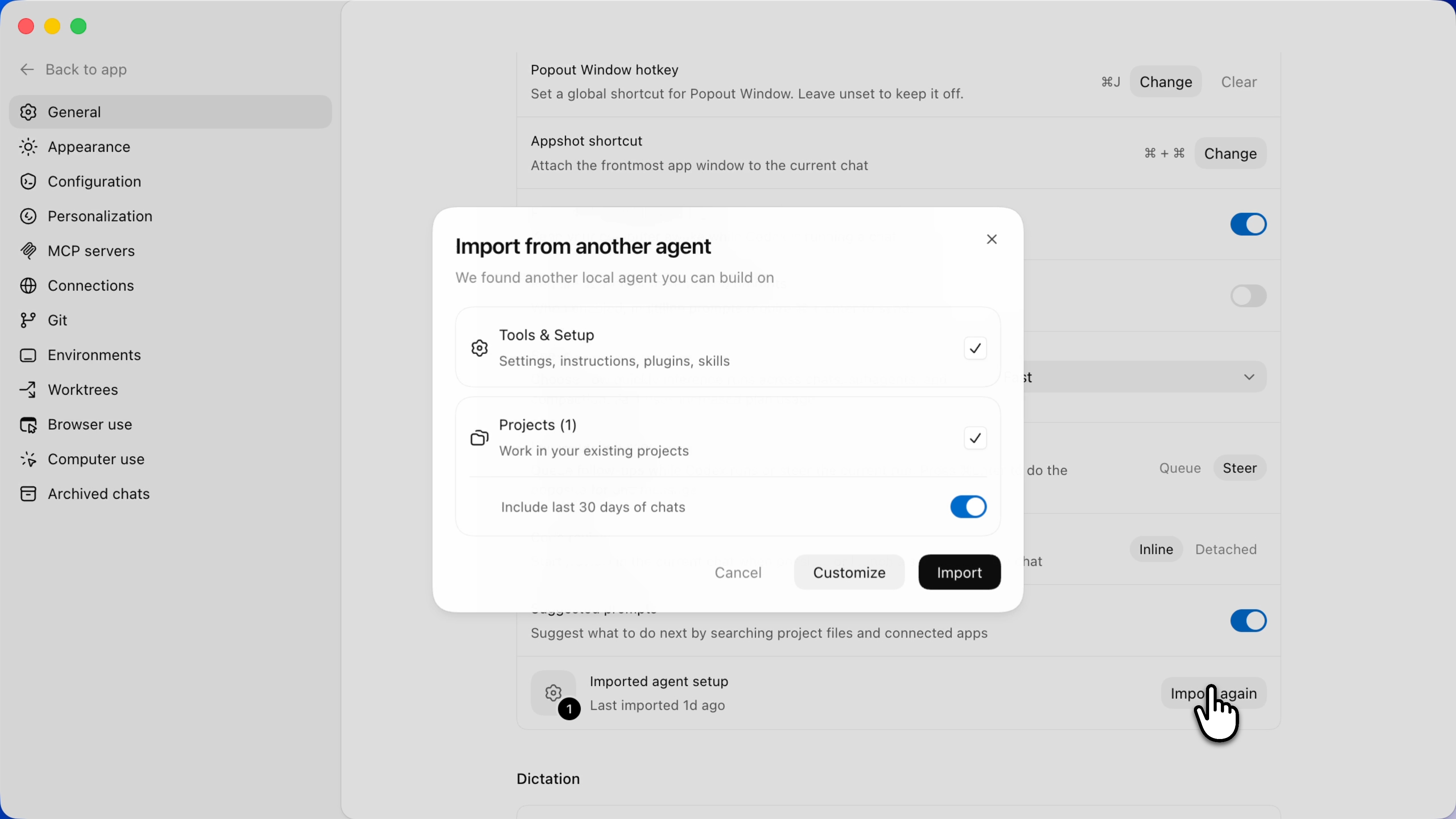 Import from another agent in General settings