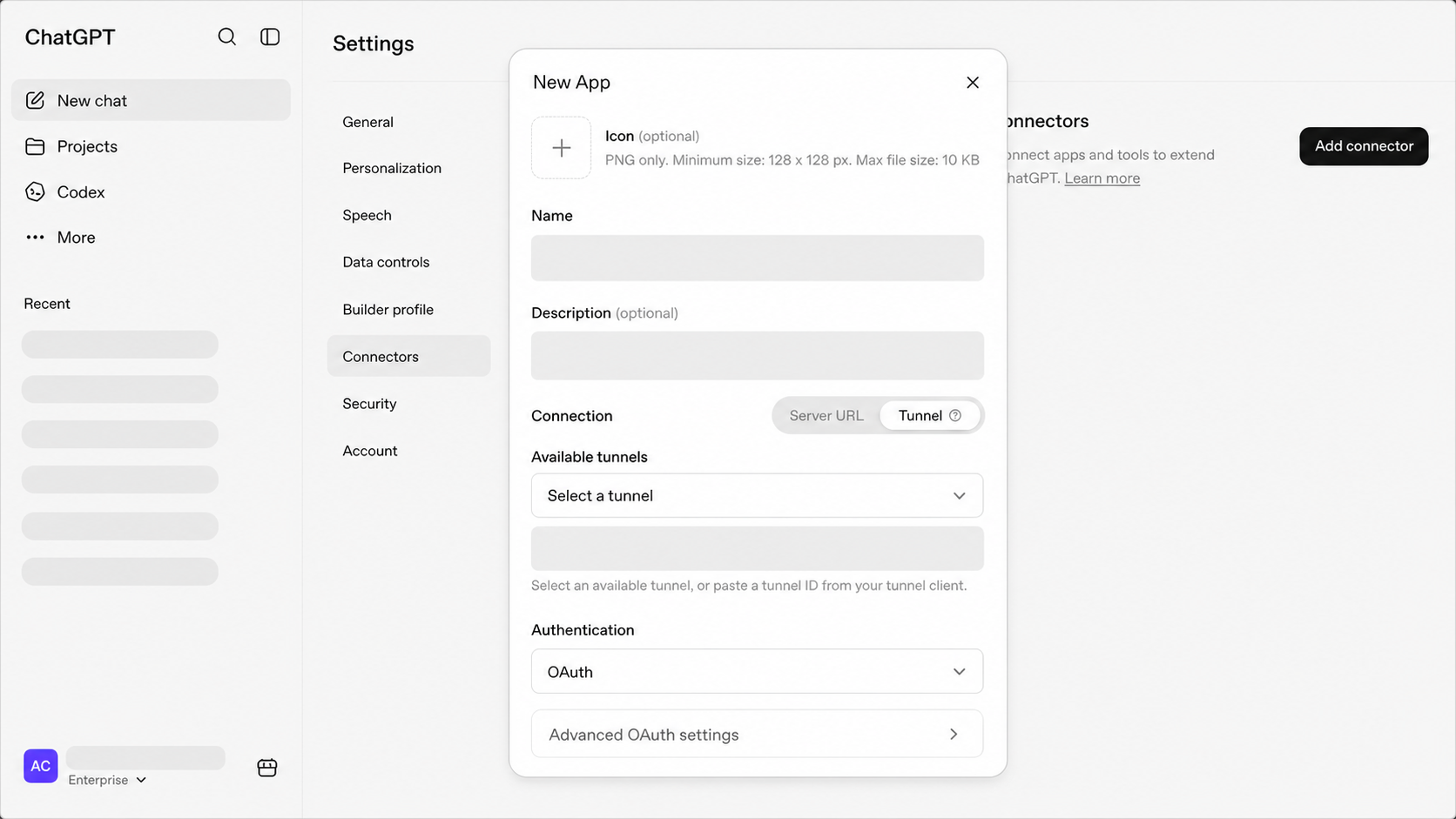 Sanitized ChatGPT connector settings screenshot with Tunnel selected.