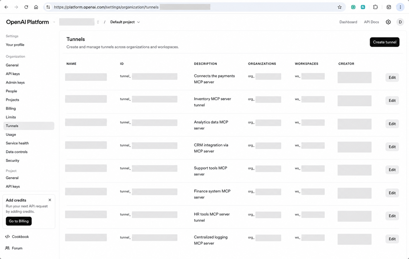 Sanitized OpenAI Platform tunnel settings screenshot.