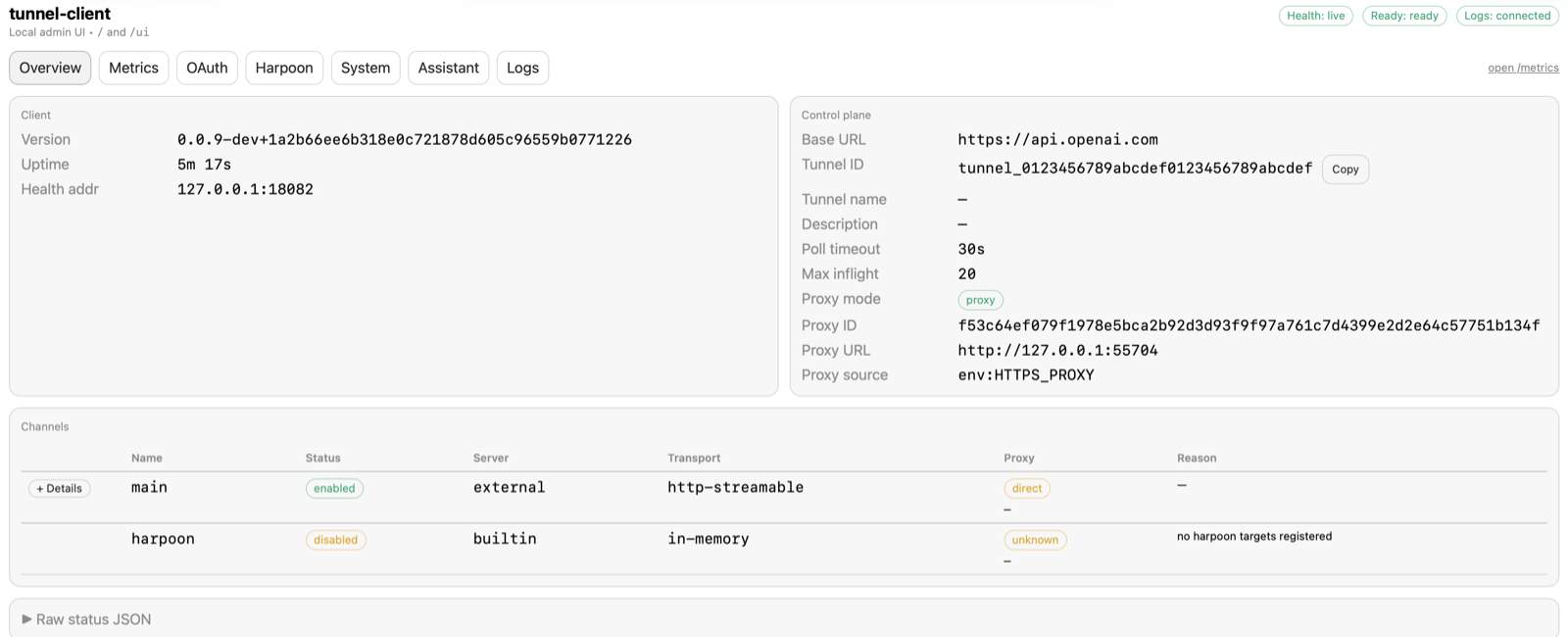 Live local tunnel-client admin UI showing health, readiness, tunnel metadata, and channel status.